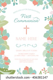 First Communion, Baptism, Christening Invitation Card Template - Floral Design with Cross