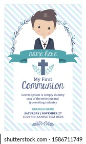 First communion boy. Child with communion dress and flower frame, in green and blue tones svg
