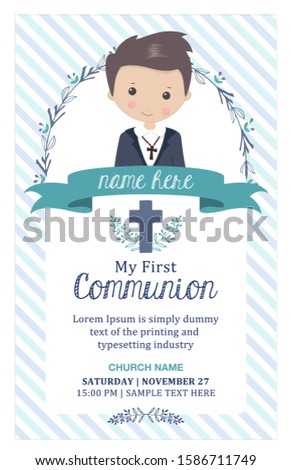 First communion boy. Child with communion dress and flower frame, in green and blue tones