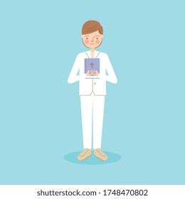 First Communion. Boy With Suit And Bible. Vector Illustration