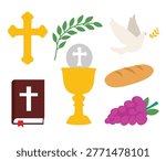 First Communion Bundle, Religious Clipart:Chalice, Holy Bread, Bible, Dove, Grapes