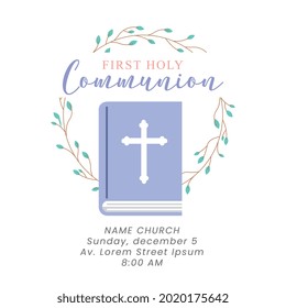 first communion card with bible and leaves crown. vector illustration