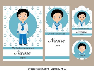 First communion card, bookmark, label and sticker set for children