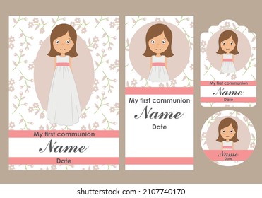 Primer juego de tarjetas de la comunión, marcadores, etiquetas y etiquetas para las niñas