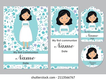 First communion card, bookmark, label and sticker set for girl