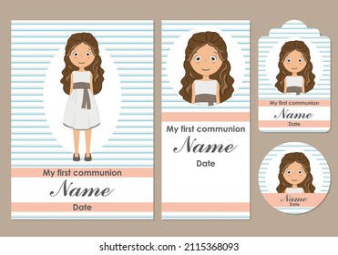 First communion card, bookmark, label and sticker set for girl	