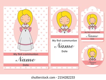 First communion card, bookmark, label and sticker set for girl