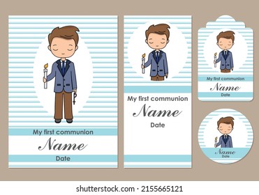 First communion card, bookmark, label and sticker set for children svg