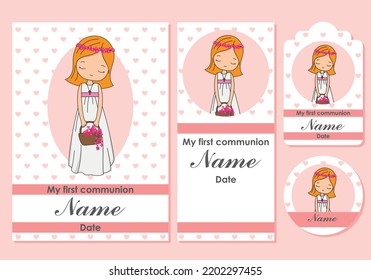 First communion card, bookmark, label and sticker set for girl