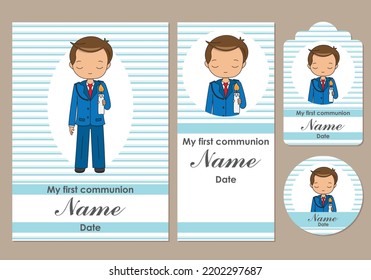 First communion card, bookmark, label and sticker set for boy