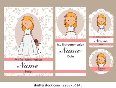 First communion card, bookmark, label and sticker set for girl