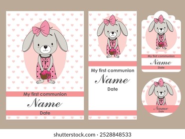 First communion card, bookmark, label and sticker set for girl. Rabbit with dress and basket of flowers