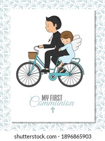 First communion card.  Boy carrying an angel on the bicycle