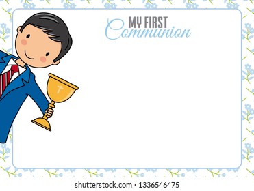 First communion card. Boy with chalice and space for text