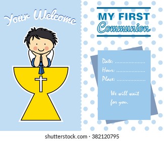 First Communion card. boy with chalice