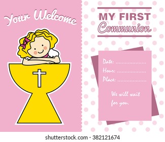 First Communion card. boy with chalice