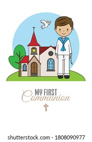 First communion card.  Boy with a crucifix in his hand and with the church in the background