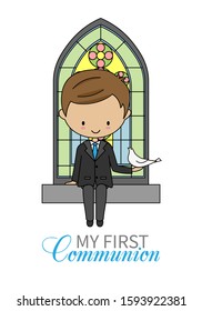 First communion card. Boy with dove