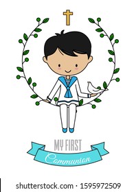 First communion card. Boy with dove	