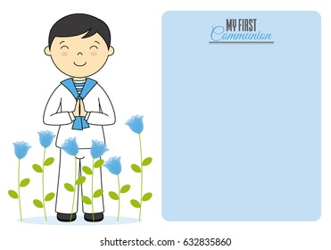 First communion card. Boy with flowers and blank space for text