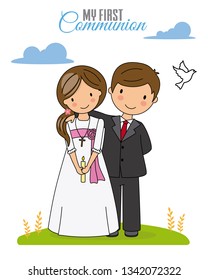 First communion card. Boy and girl dressed in communion