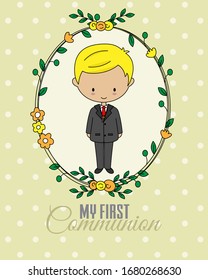 First communion card. Boy inside flower frame	