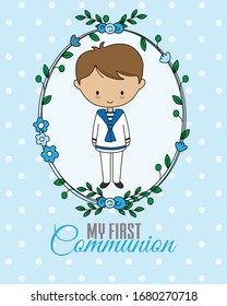  First communion card. Boy inside flower frame