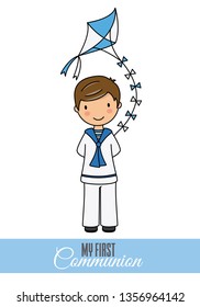 First communion card. boy with kite