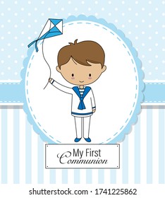 First communion card. Boy with kite