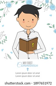  First communion card. Boy reading the bible with floral background