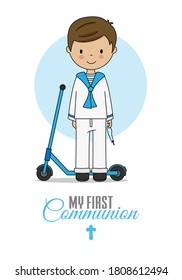 First communion card. Boy with scooter. Isolated vector