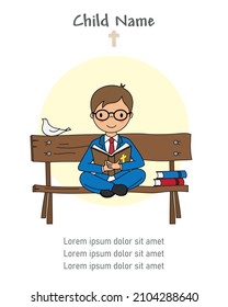 First communion card. Boy sitting on a bench reading the bible