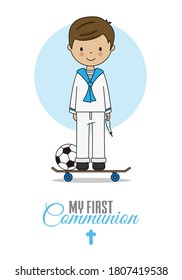 First communion card. Boy with skateboard. Isolated vector