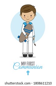 First communion card. Boy with skateboard. Isolated vector	