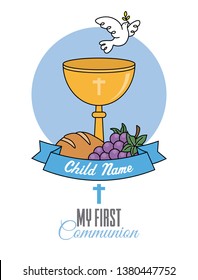 First communion card. With chalice, grapes, bread and dove