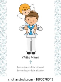 First Communion Card. Child And Angel. Isolated Vector