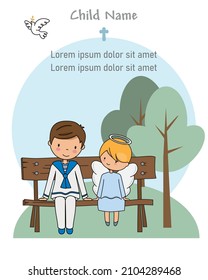 First communion card. Child and angel sitting on a bench.
