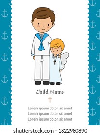 First communion card. Child next to an angel. Isolated vector