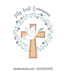 first communion card with cross and holy spirit. vector illustration