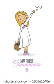 First communion card. Girl with basket of flowers. isolated vector