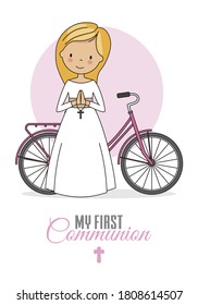 First communion card. Girl with bicycle. Isolated vector
