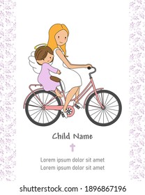 First communion card. Girl carrying an angel on the bicycle