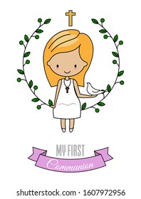 First communion card. Girl with dove