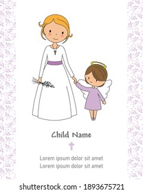 First communion card. Girl holding the hand of an angel.