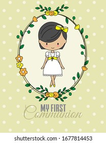  First communion card. Girl inside flower frame