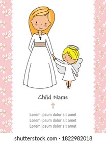 First communion card. Girl next to an angel. Isolated vector