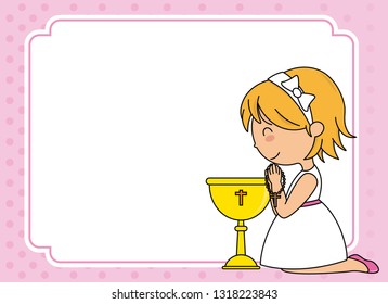 First communion card. Girl praying. Space for text