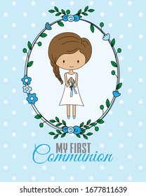 First communion card. Girl praying with flowers frame