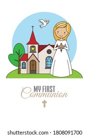 First communion card. Girl praying with church in background