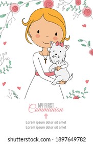 First communion card. Girl with puppy with floral background